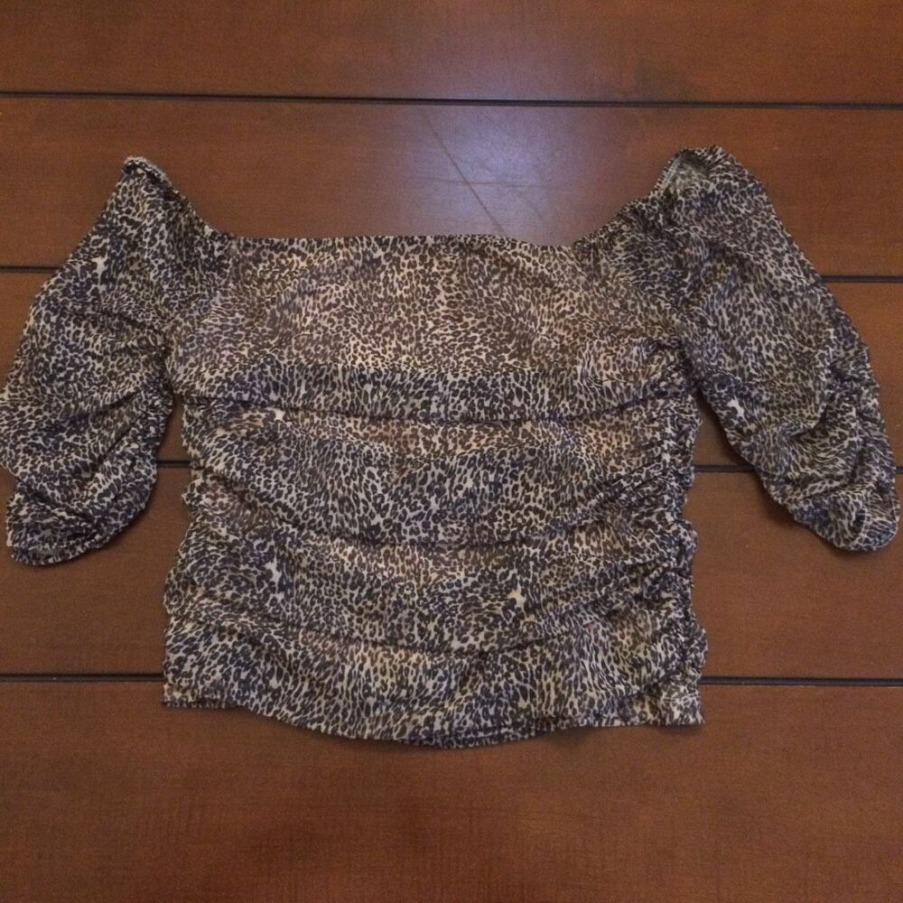 Anthropologie leopard print square neck shirred mesh